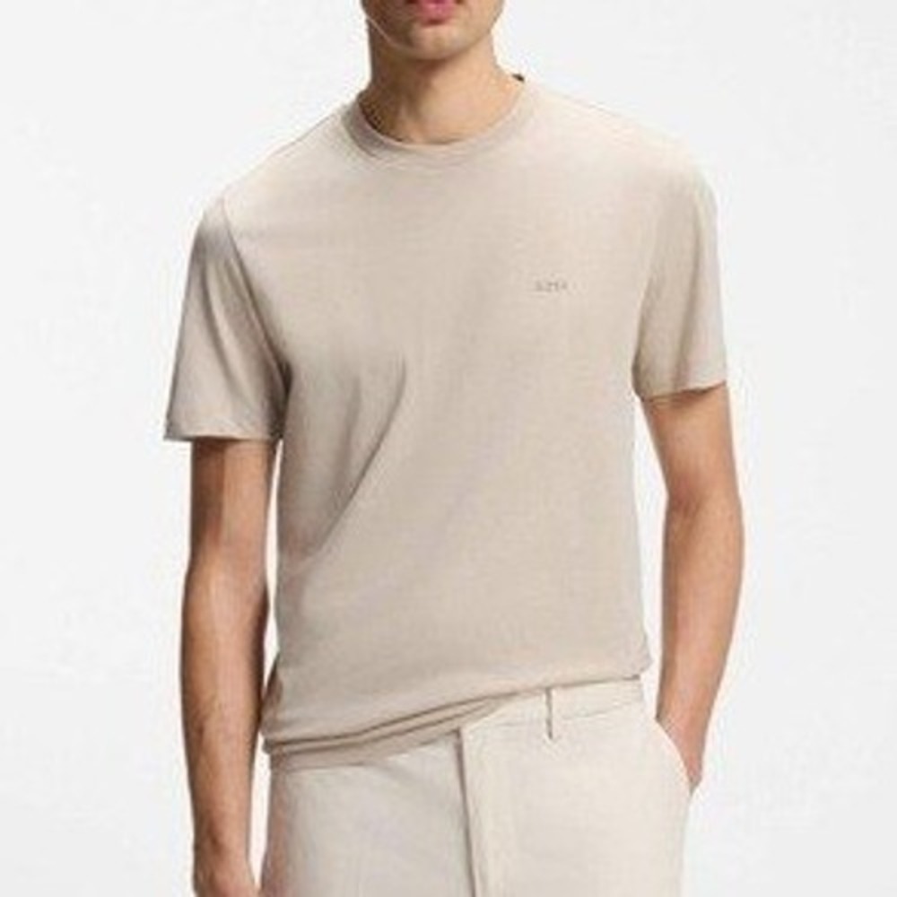 NWT BOSS Hugo Men's L Beige Boss T-Shirt Cotton Slub Jersey Logo Tee